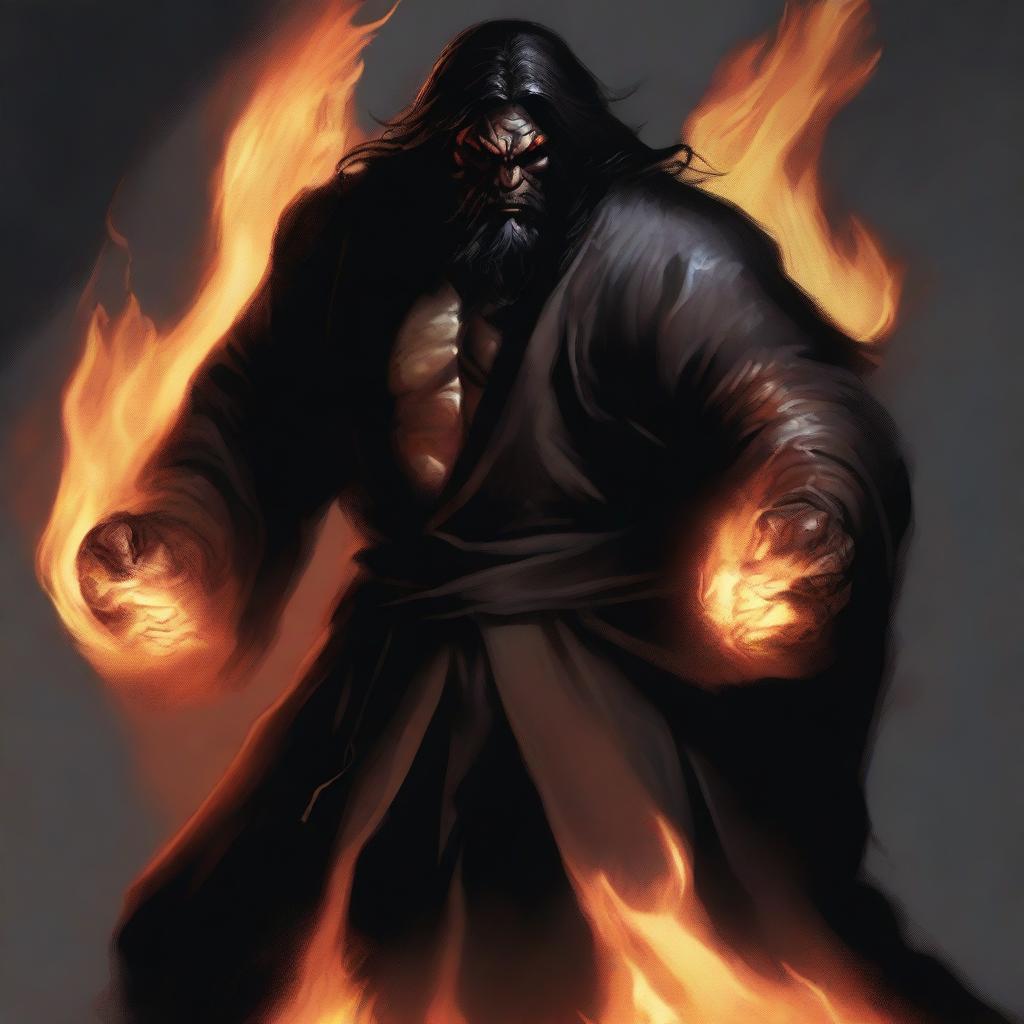 A dark brown orc man with long black hair and a beard, wearing black robes