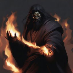 A dark brown orc man with long black hair and a beard, wearing black robes