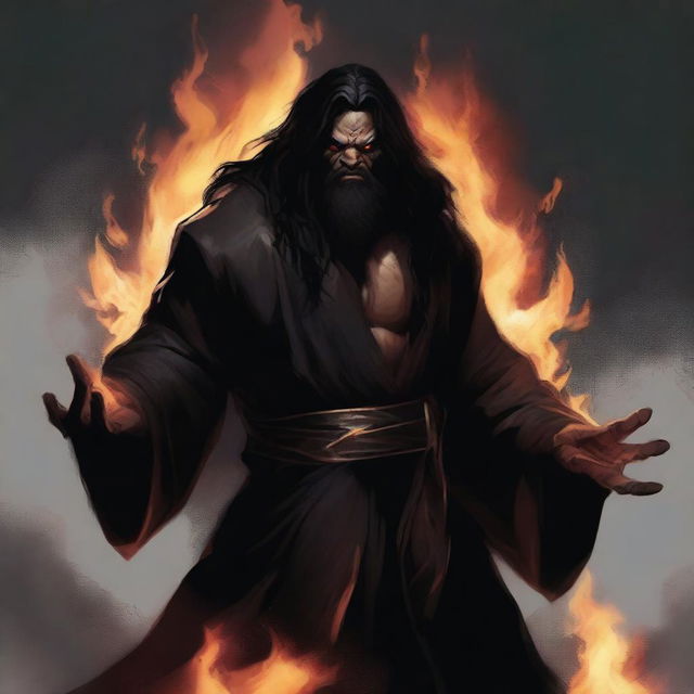 A dark brown orc man with long black hair and a beard, wearing black robes