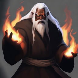 A dark brown orc man with long white hair and a beard, wearing black robes