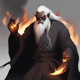 A dark brown orc man with long white hair and a beard, wearing black robes