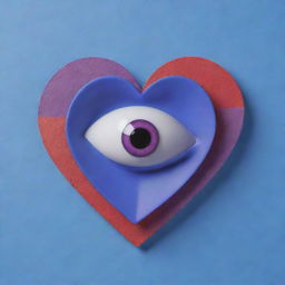 Music album cover in a palette of blue, red and purple. A 3D heart sits in the center, featuring an eye with the pupils encircled by Saturn's rings. Include the text 'Rich Zone'.