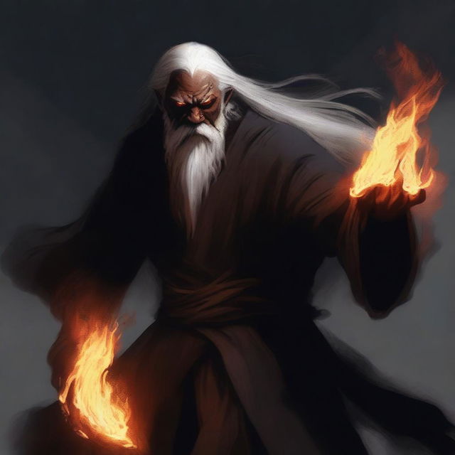 A dark brown orc man with long white hair and a beard, wearing black robes