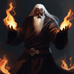 A dark brown orc man with long white hair and a beard, wearing black robes