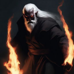 A dark brown orc man with long white hair and a beard, wearing black robes