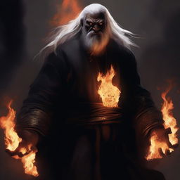 A dark brown orc man with long white hair and a beard, wearing black robes