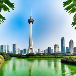 A stunning view of the Macau Tower, with its sleek and modern architecture standing tall against a clear blue sky