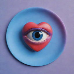 Music album cover in a palette of blue, red and purple. A 3D heart sits in the center, featuring an eye with the pupils encircled by Saturn's rings. Include the text 'Rich Zone'.