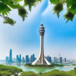 A stunning view of the Macau Tower, with its sleek and modern architecture standing tall against a clear blue sky