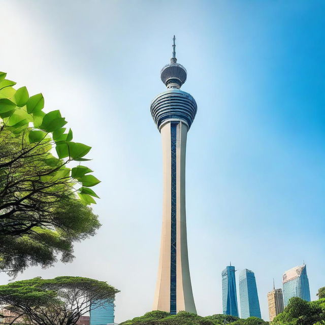 A stunning view of the Macau Tower, with its sleek and modern architecture standing tall against a clear blue sky