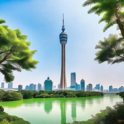 A stunning view of the Macau Tower, with its sleek and modern architecture standing tall against a clear blue sky