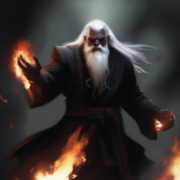 A dark brown orc man with tusks, long white hair, and a beard, wearing black robes