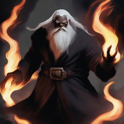 A dark brown orc man with tusks, long white hair, and a beard, wearing black robes