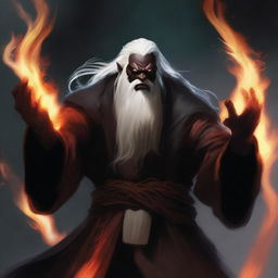 A dark brown orc man with tusks, long white hair, and a beard, wearing black robes