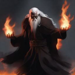 A dark brown orc man with tusks, long white hair, and a beard, wearing black robes