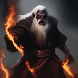 A dark brown orc man with tusks coming out of his mouth, long white hair, and a beard, wearing black robes