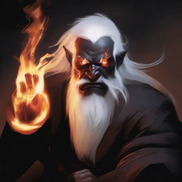 A dark brown orc man with tusks coming out of his mouth, long white hair, and a beard, wearing black robes