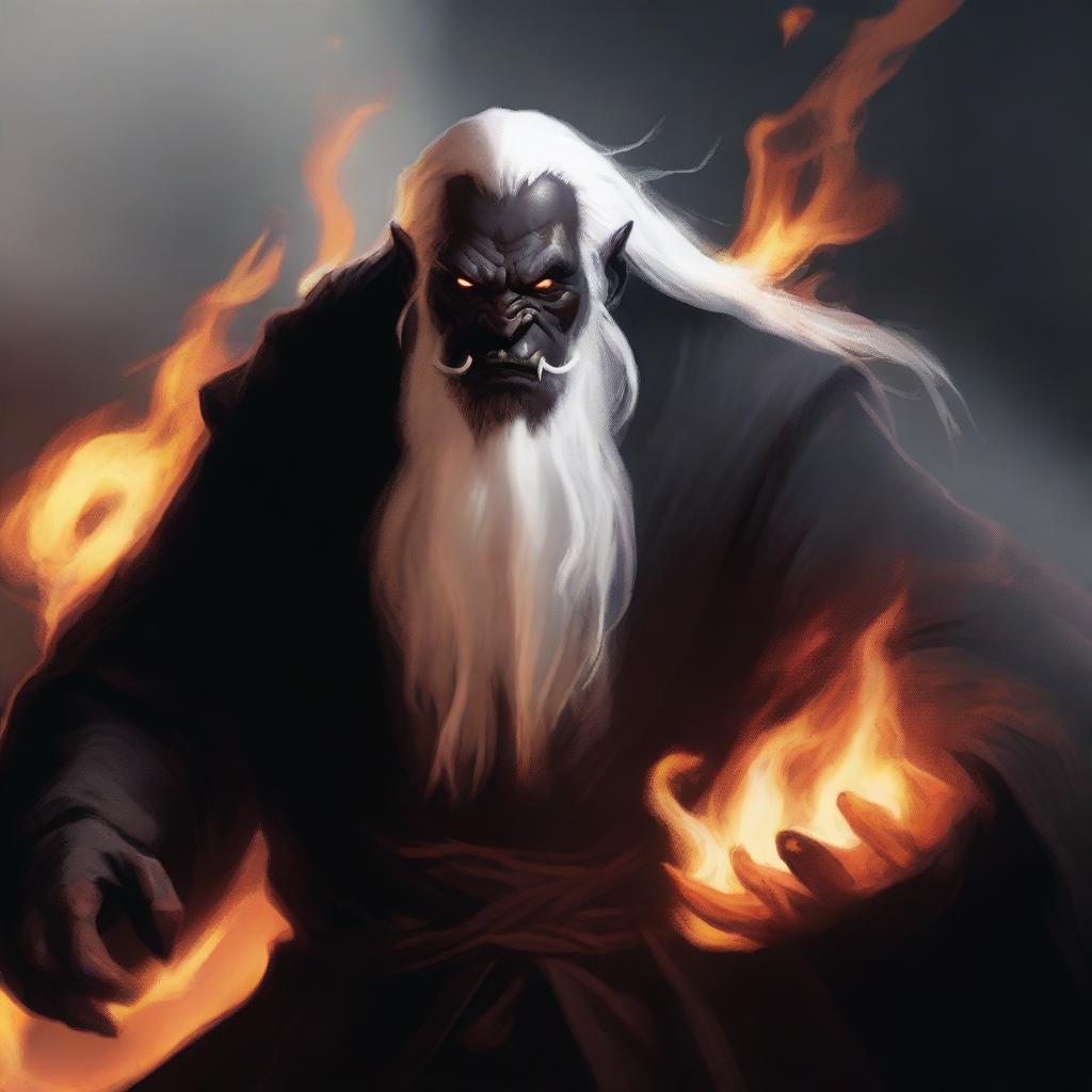 A dark brown orc man with tusks coming out of his mouth, long white hair, and a beard, wearing black robes