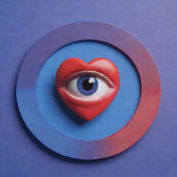 Music album cover in a palette of blue, red and purple. A 3D heart sits in the center, featuring an eye with the pupils encircled by Saturn's rings. Include the text 'Rich Zone'.