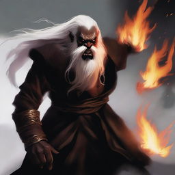 A dark brown orc man with tusks coming out of his mouth, long white hair, and a beard, wearing black robes