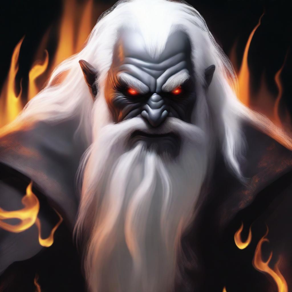 A grey orc man with tusks protruding from his mouth, long white hair, and a beard