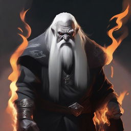 A grey orc man with tusks protruding from his mouth, long white hair, and a beard