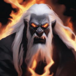 A grey orc man with tusks showing out of his mouth, long white hair, and a beard