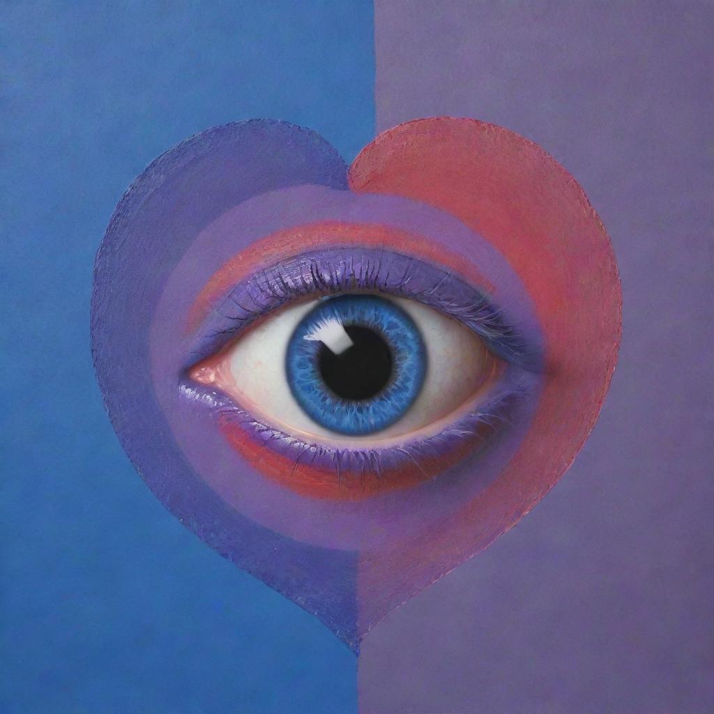 Music album cover in a palette of blue, red and purple. A 3D heart sits in the center, featuring an eye with the pupils encircled by Saturn's rings. Include the text 'Rich Zone'.