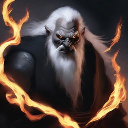 A grey orc man with tusks showing out of his mouth, long white hair, and a beard