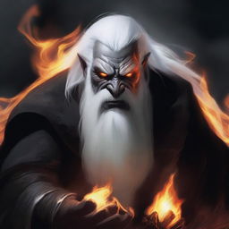 A grey orc man with tusks showing out of his mouth, long white hair, and a beard