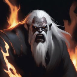 A grey orc man with tusks showing out of his mouth, long white hair, and a beard