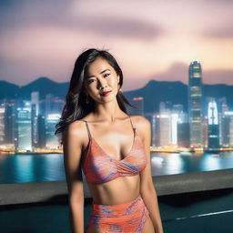 A glamorous and stylish woman in a fashionable swimsuit, posing confidently by the iconic Hong Kong skyline