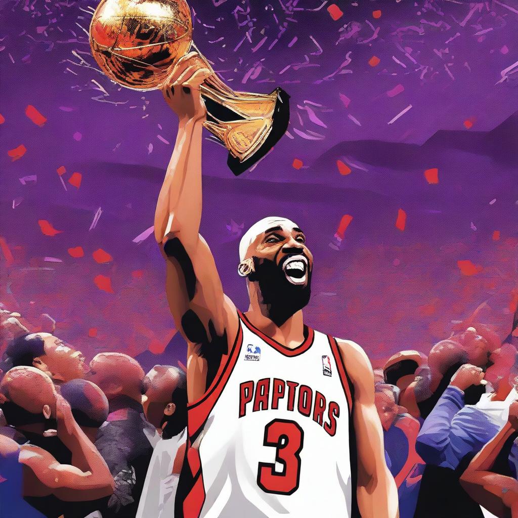 A detailed and vibrant illustration of Vince Carter celebrating an NBA championship victory with the Toronto Raptors