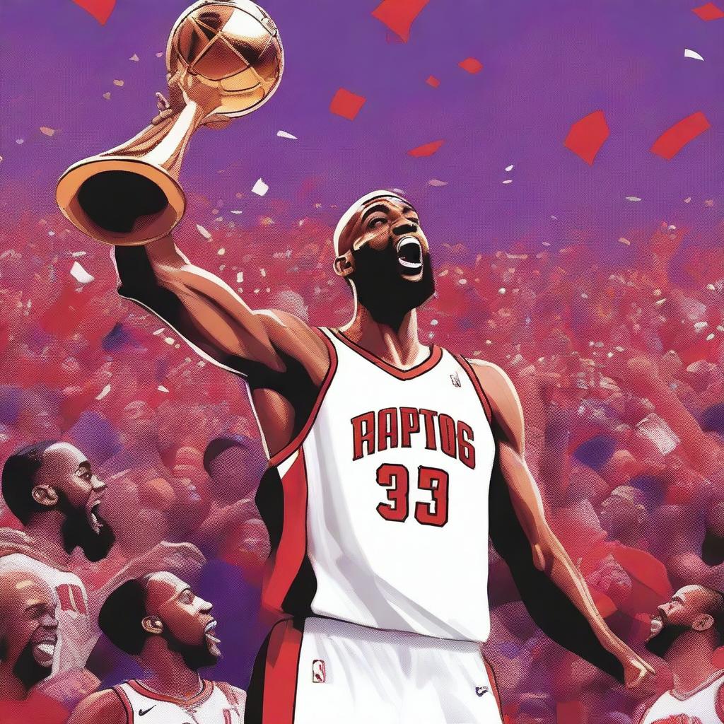 A detailed and vibrant illustration of Vince Carter celebrating an NBA championship victory with the Toronto Raptors