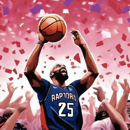 A detailed and vibrant illustration of Vince Carter celebrating an NBA championship victory with the Toronto Raptors