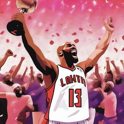 A detailed and vibrant illustration of Vince Carter celebrating an NBA championship victory with the Toronto Raptors