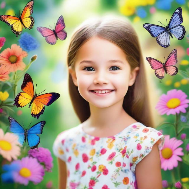 A portrait of a young girl with a cheerful expression, standing in a beautiful garden filled with colorful flowers and butterflies