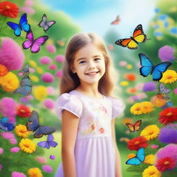 A portrait of a young girl with a cheerful expression, standing in a beautiful garden filled with colorful flowers and butterflies