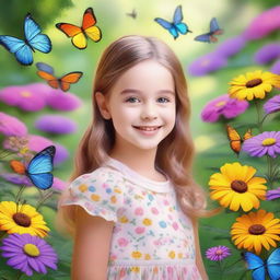 A portrait of a young girl with a cheerful expression, standing in a beautiful garden filled with colorful flowers and butterflies