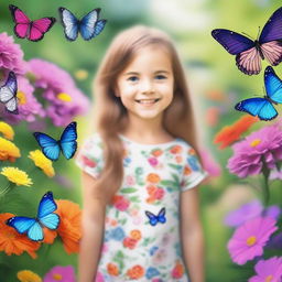 A portrait of a young girl with a cheerful expression, standing in a beautiful garden filled with colorful flowers and butterflies