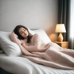 A woman is lying on a bed, looking satisfied and relaxed