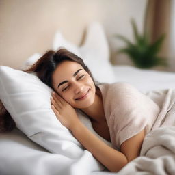 A woman is lying on a bed, looking satisfied and relaxed