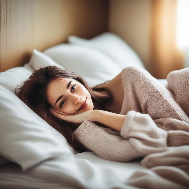 A woman is lying on a bed, looking satisfied and relaxed