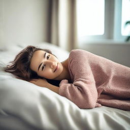 A woman is lying on a bed, looking satisfied and relaxed