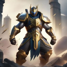 Master Yi from League of Legends in his PSYOPS skin, wearing Warmog's Armor, standing in a battlefield with three losing lanes but showing determination to make a comeback