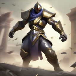 Master Yi from League of Legends in his PSYOPS skin, wearing Warmog's Armor, standing in a battlefield with three losing lanes but showing determination to make a comeback