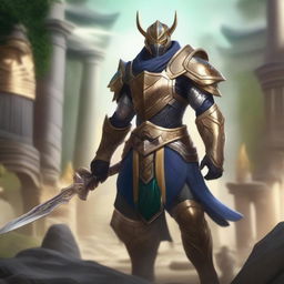 Master Yi from League of Legends in his PSYOPS skin, wearing WARMOG armor, stands resilient and fights alone against all odds as everything around him collapses