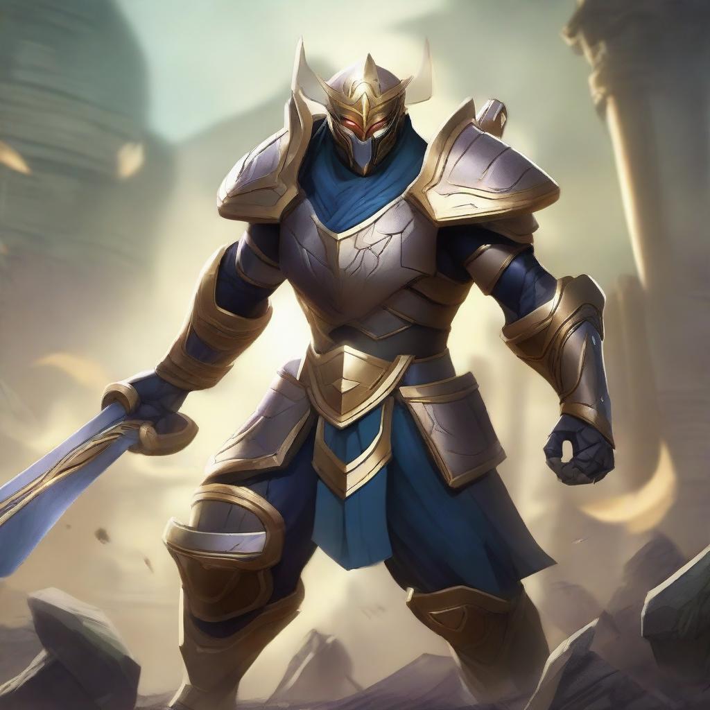 Master Yi from League of Legends in his PSYOPS skin, wearing WARMOG armor, stands resilient and fights alone against all odds as everything around him collapses