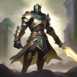 Master Yi from League of Legends in his PSYOPS skin, wearing WARMOG armor, stands resilient and fights alone against all odds as everything around him collapses