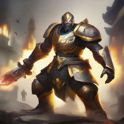 Master Yi in his PSYOPS skin, equipped with WARMOG armor, stands resilient and unaided, fighting against all odds